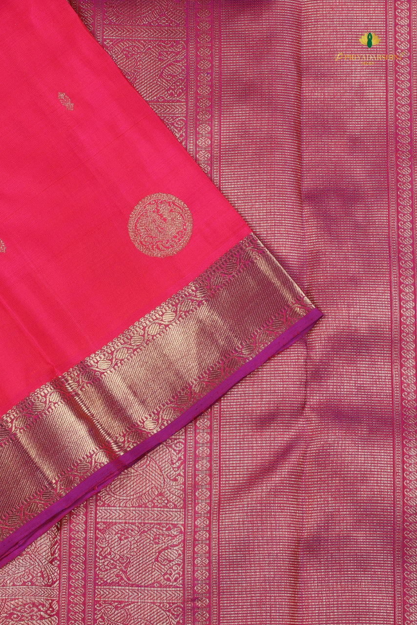 Deep Pink and Magenta with Peacock and Floral Vine Motif - Kanjivaram Silk
