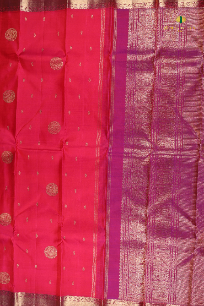 Deep Pink and Magenta with Peacock and Floral Vine Motif - Kanjivaram Silk