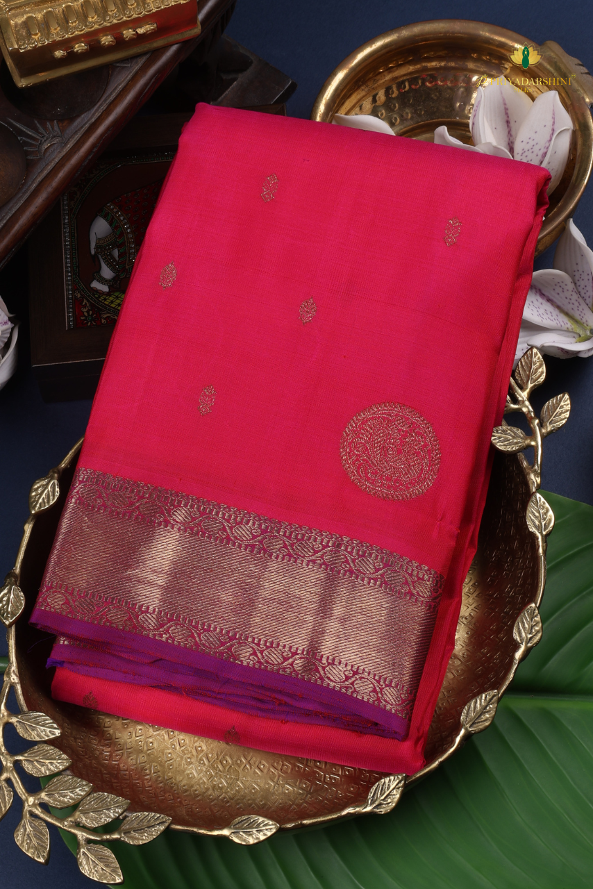 Deep Pink and Magenta with Peacock and Floral Vine Motif - Kanjivaram Silk