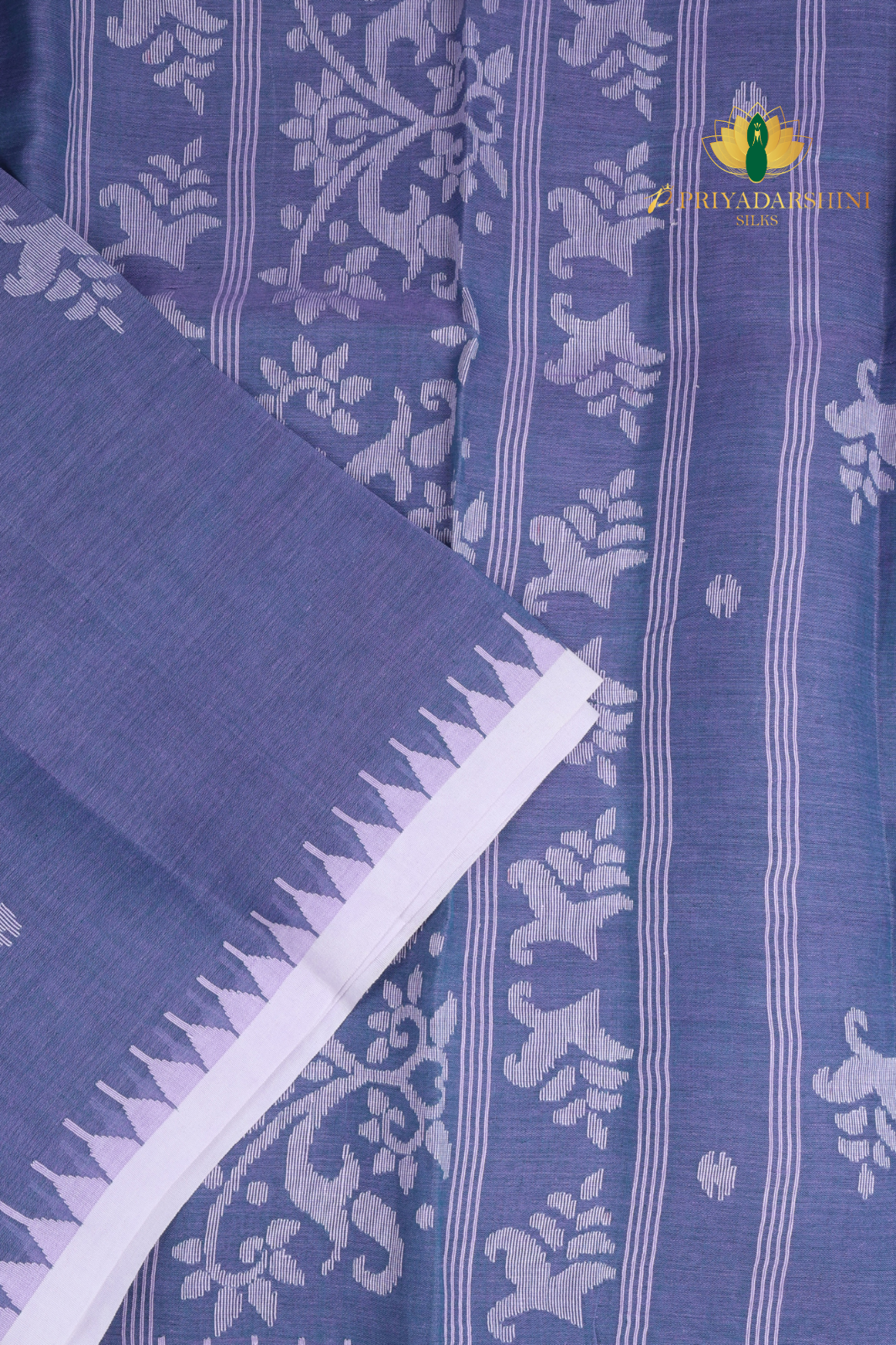 Deep Slate Blue & White Branching Tree Motif Jamdani Cotton Saree