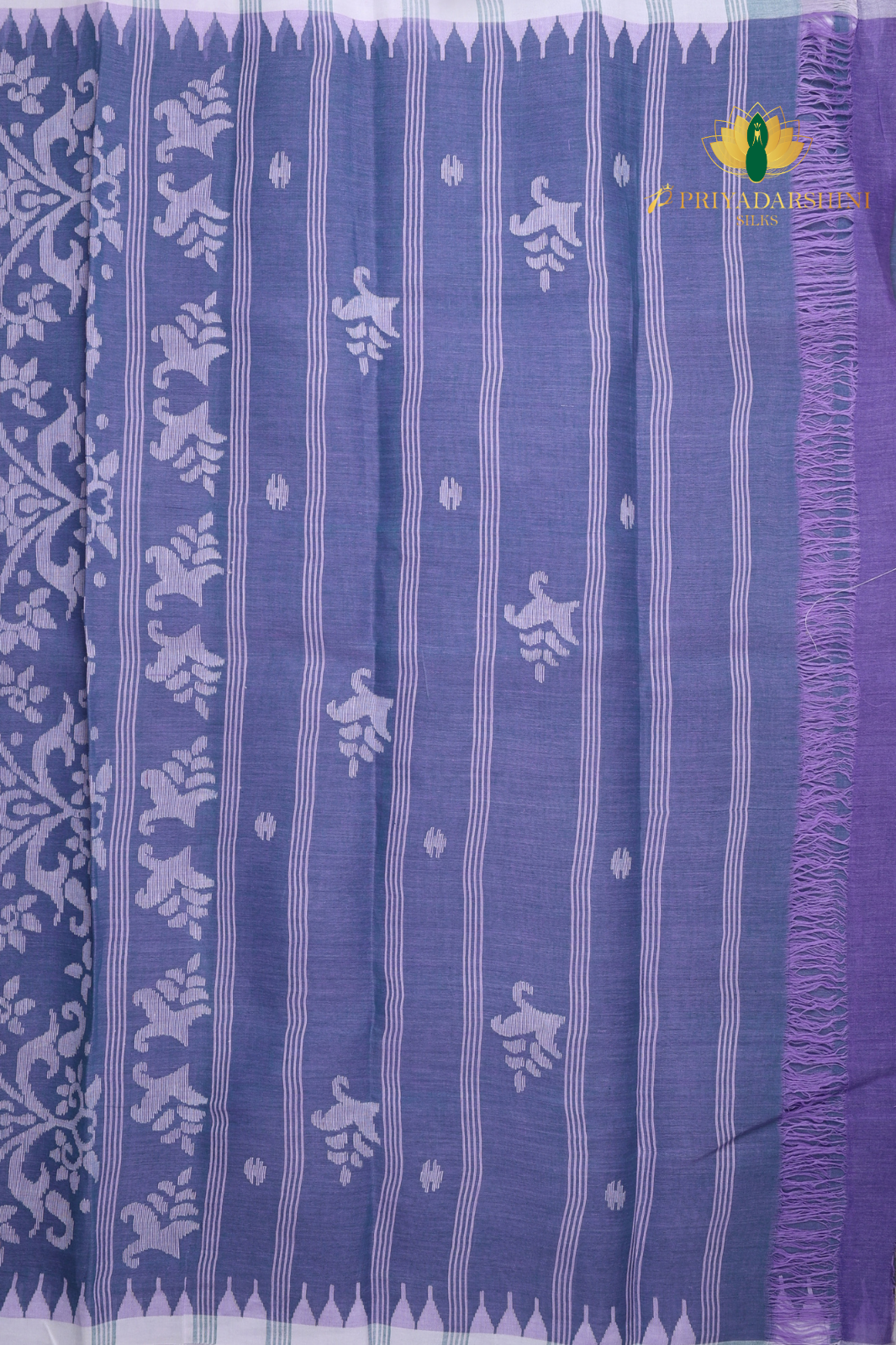 Deep Slate Blue & White Branching Tree Motif Jamdani Cotton Saree