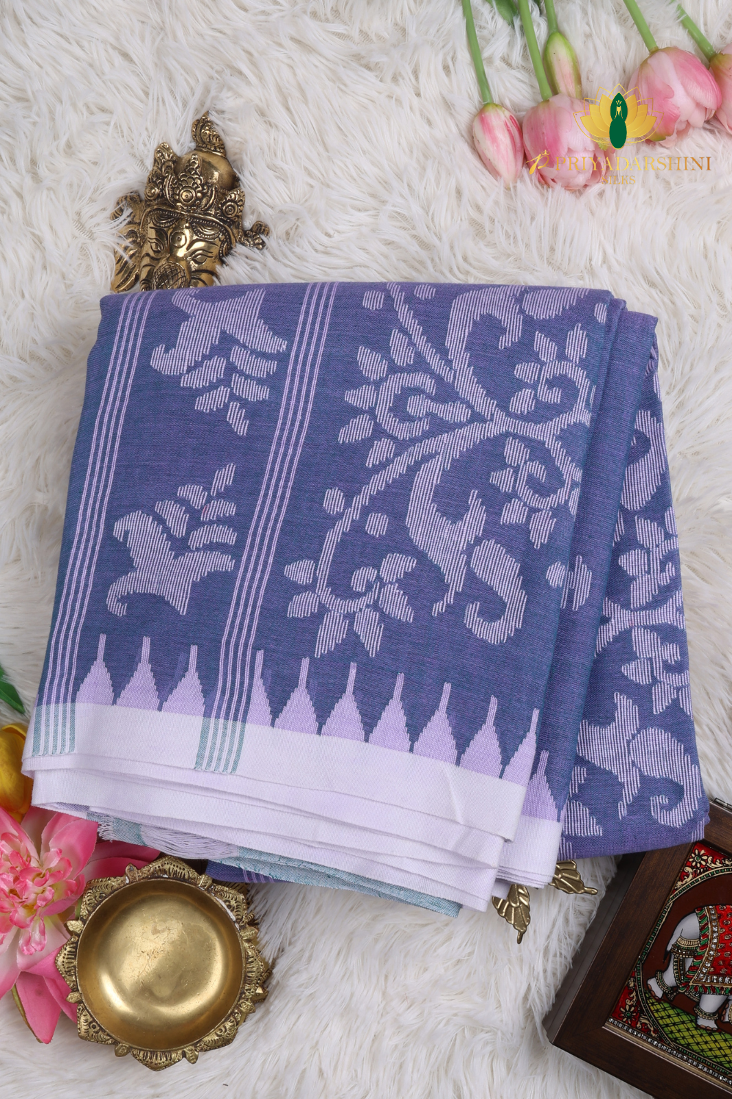 Deep Slate Blue & White Branching Tree Motif Jamdani Cotton Saree
