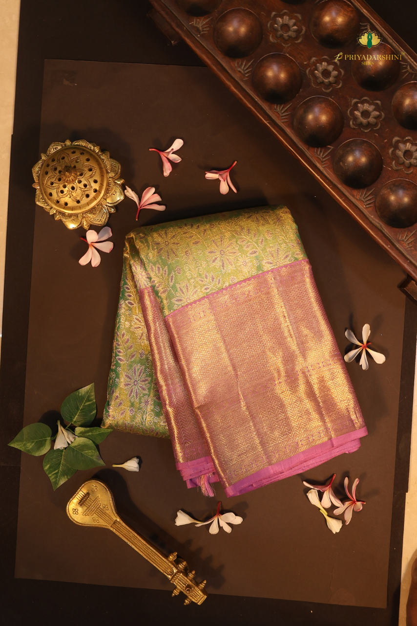 Emerald Green and Purple Floral pattern - Kanjivaram Silk