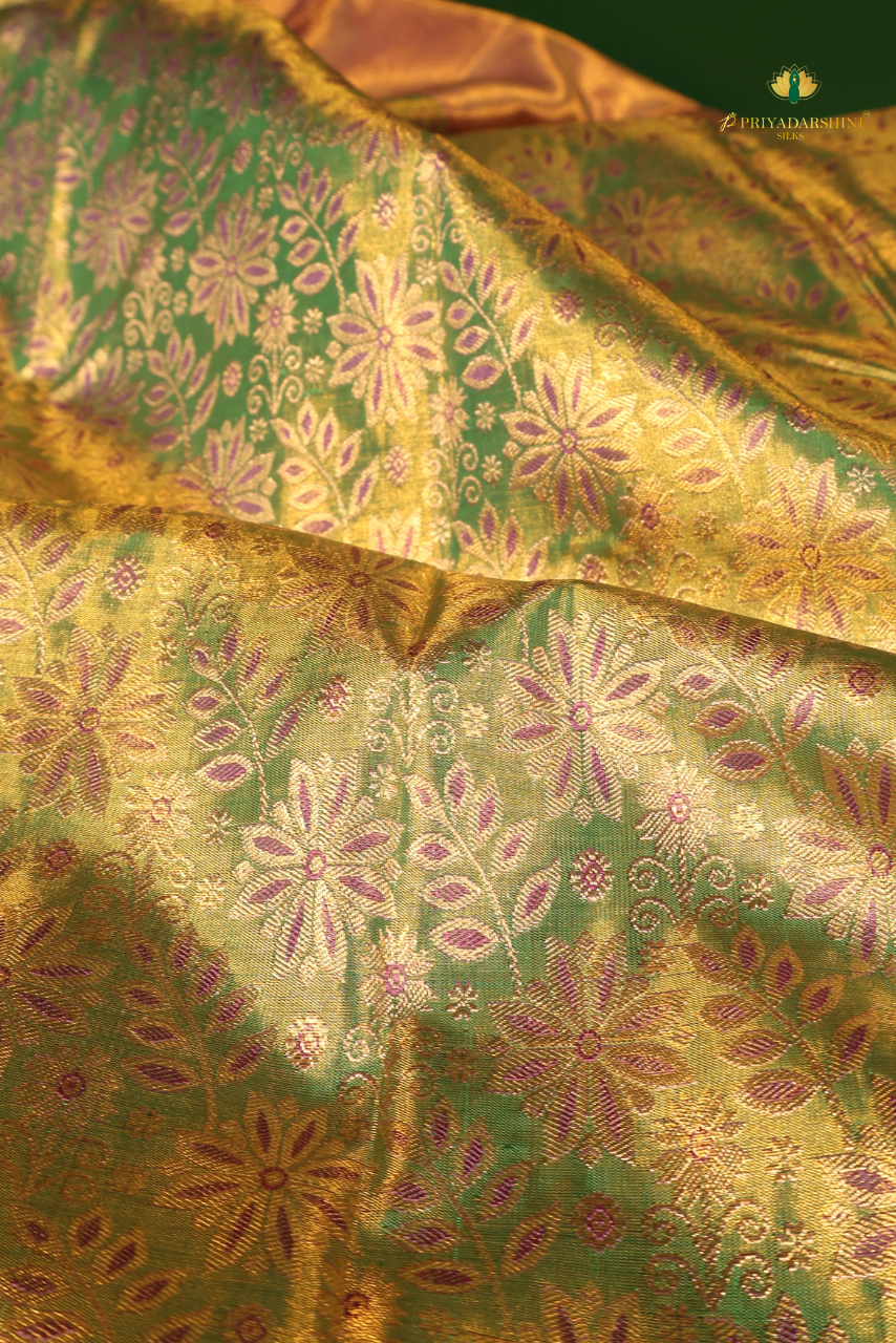 Emerald Green and Purple Floral pattern - Kanjivaram Silk