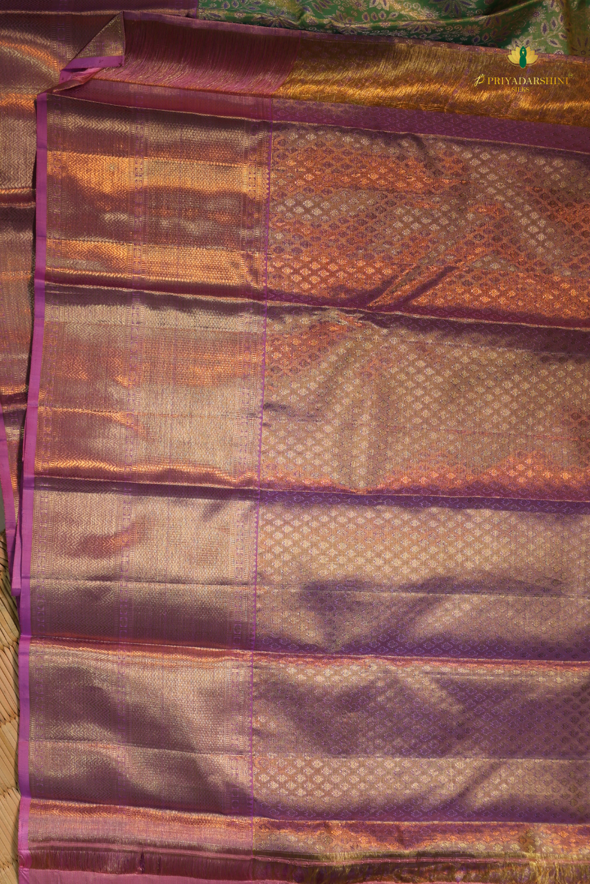 Emerald Green and Purple Floral pattern - Kanjivaram Silk