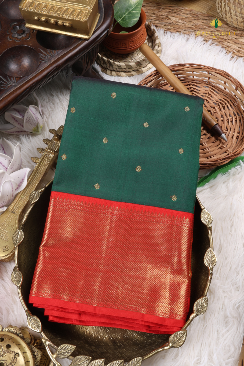 Emerald Green and Scarlet Red with coin Motif - Kanjivaram silk