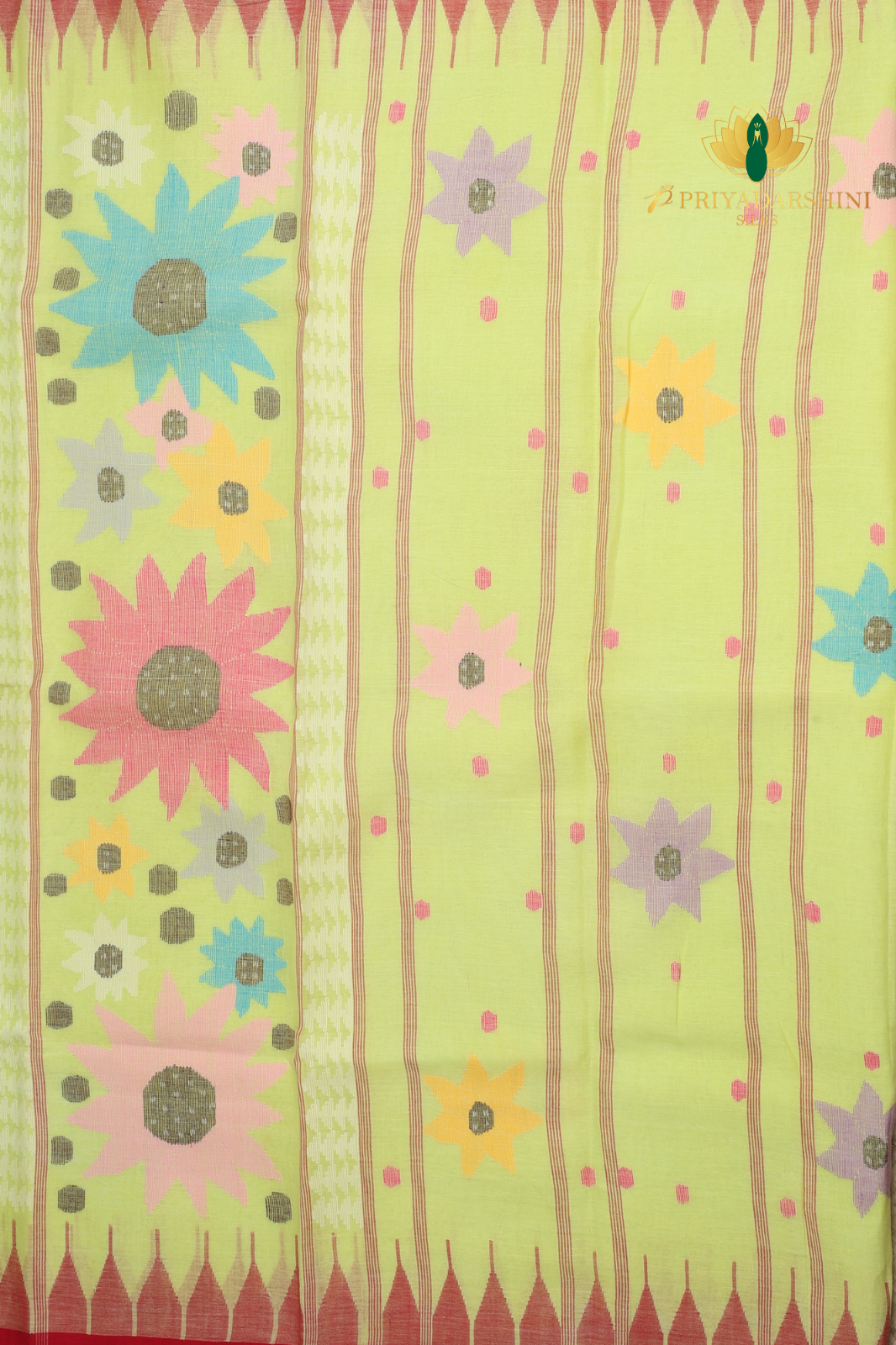 Lime Green and Crimson Red Starburst Motif - Jamdani Cotton