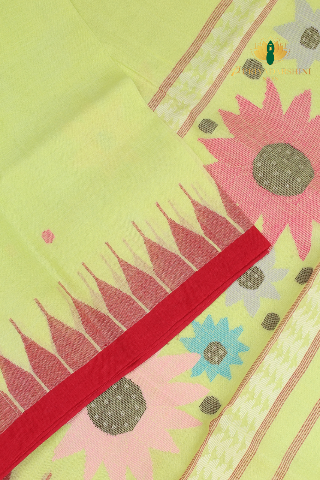 Lime Green and Crimson Red Starburst Motif - Jamdani Cotton