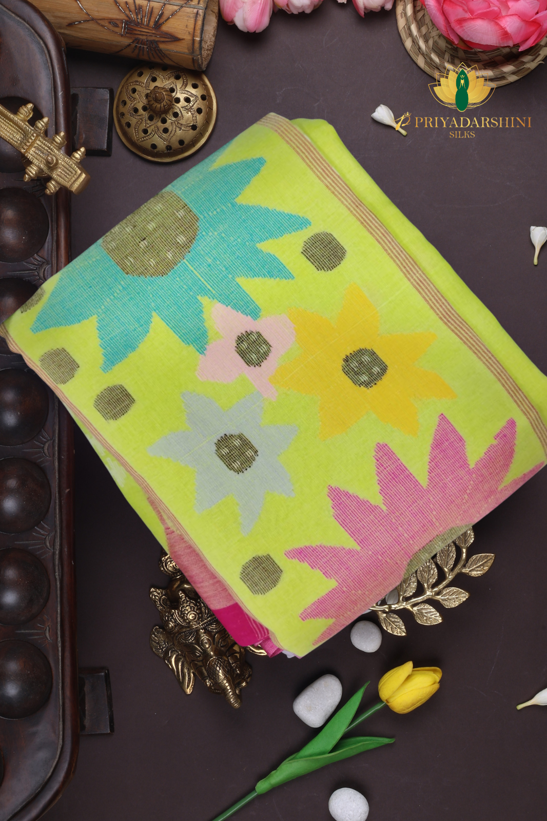 Lime Green and Crimson Red Starburst Motif - Jamdani Cotton