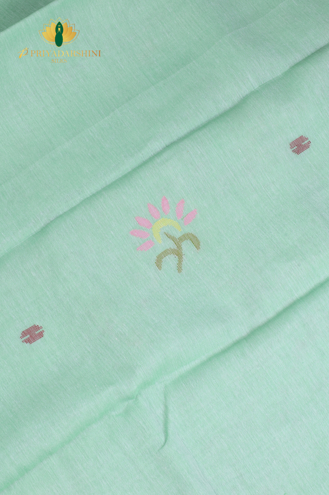 Mint Green & Red Swan Lotus Motif Jamdani Cotton Saree