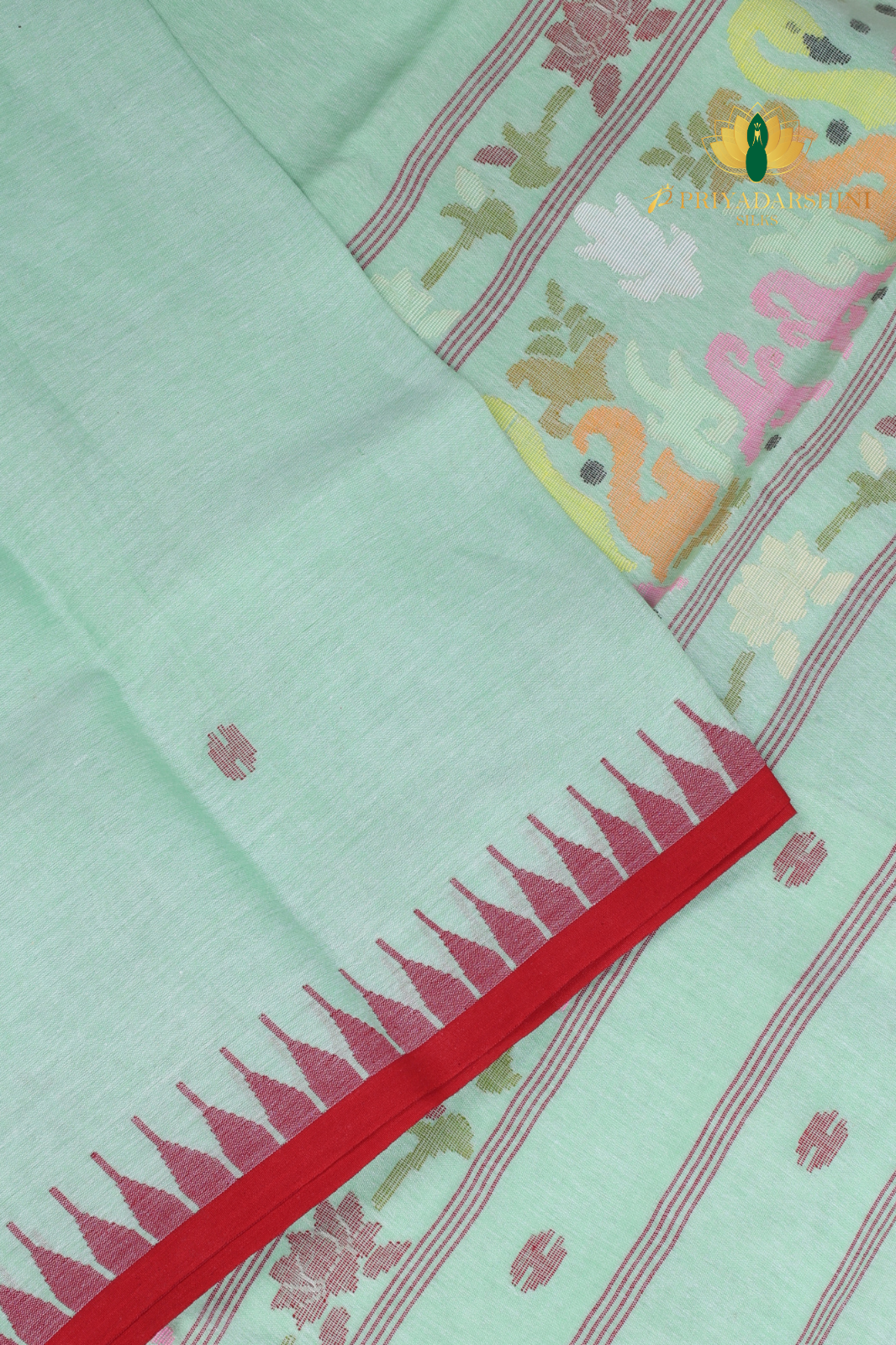 Mint Green & Red Swan Lotus Motif Jamdani Cotton Saree