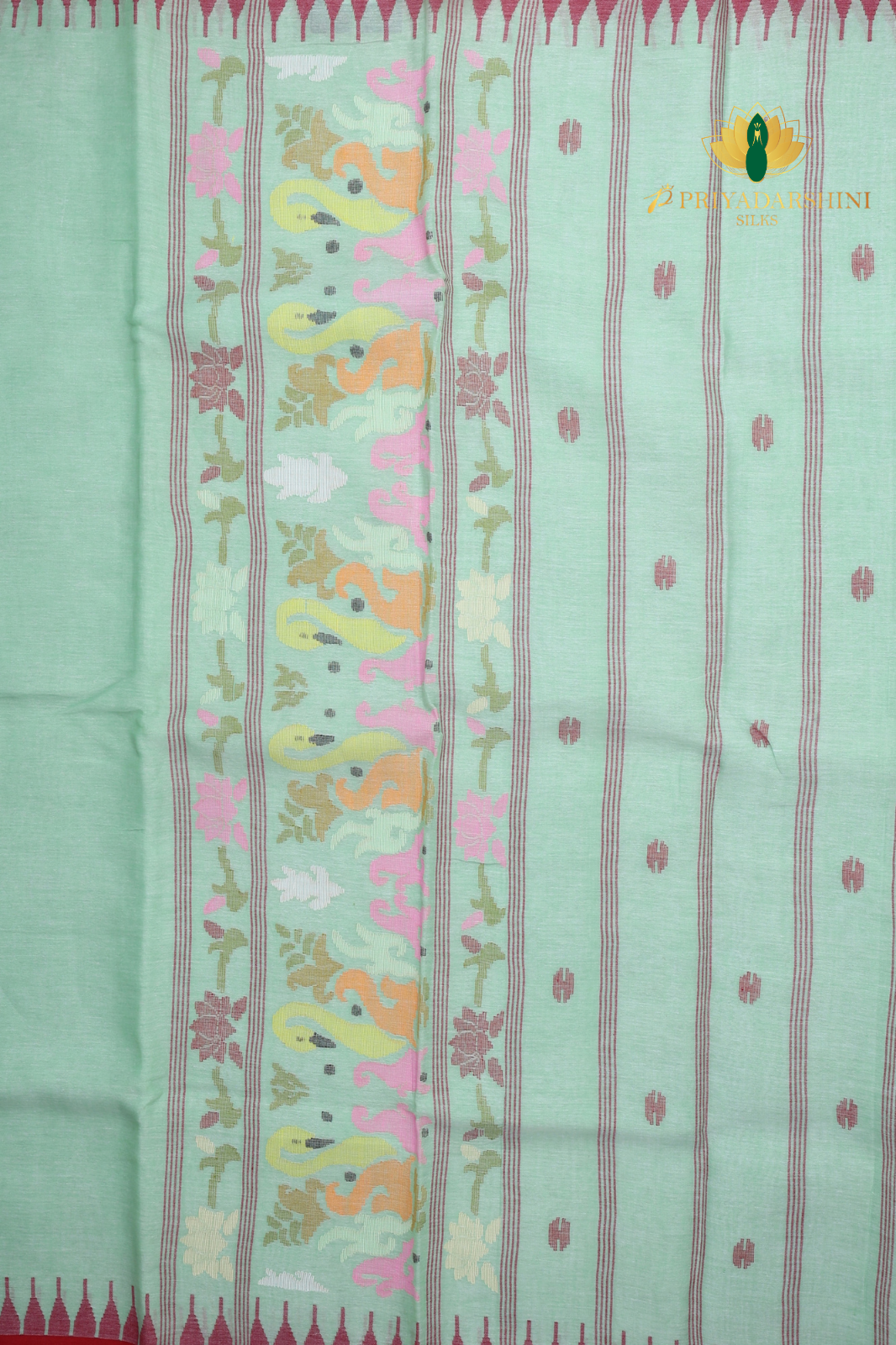 Mint Green & Red Swan Lotus Motif Jamdani Cotton Saree