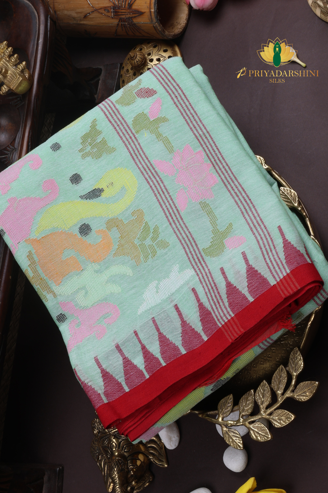 Mint Green & Red Swan Lotus Motif Jamdani Cotton Saree