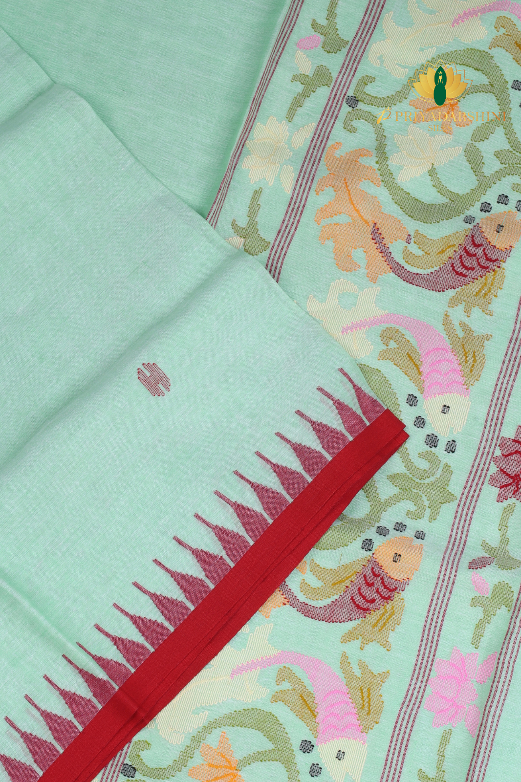 Mint Green & Deep Red Fish Motif Jamdani Cotton Saree