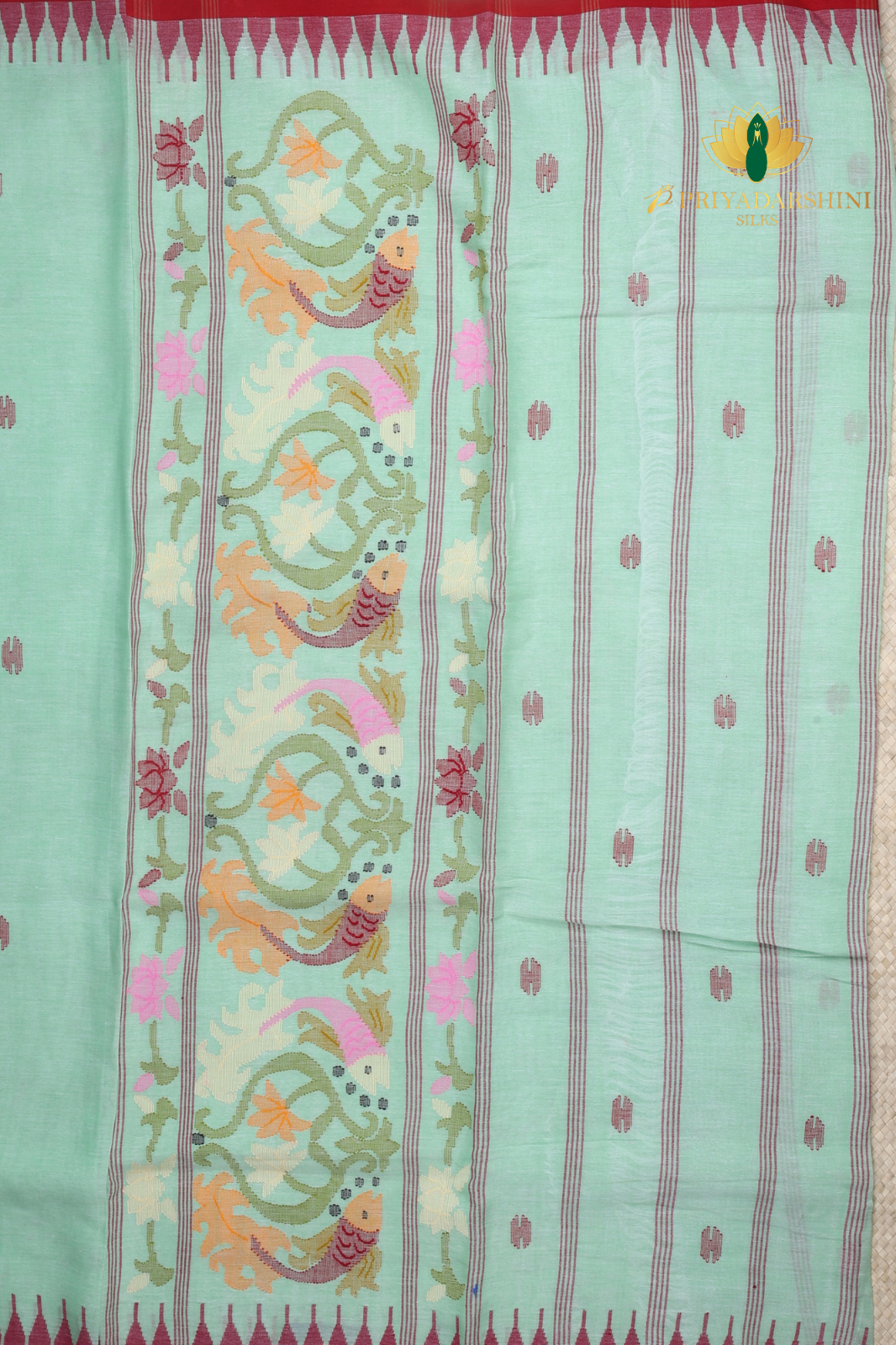 Mint Green & Deep Red Fish Motif Jamdani Cotton Saree