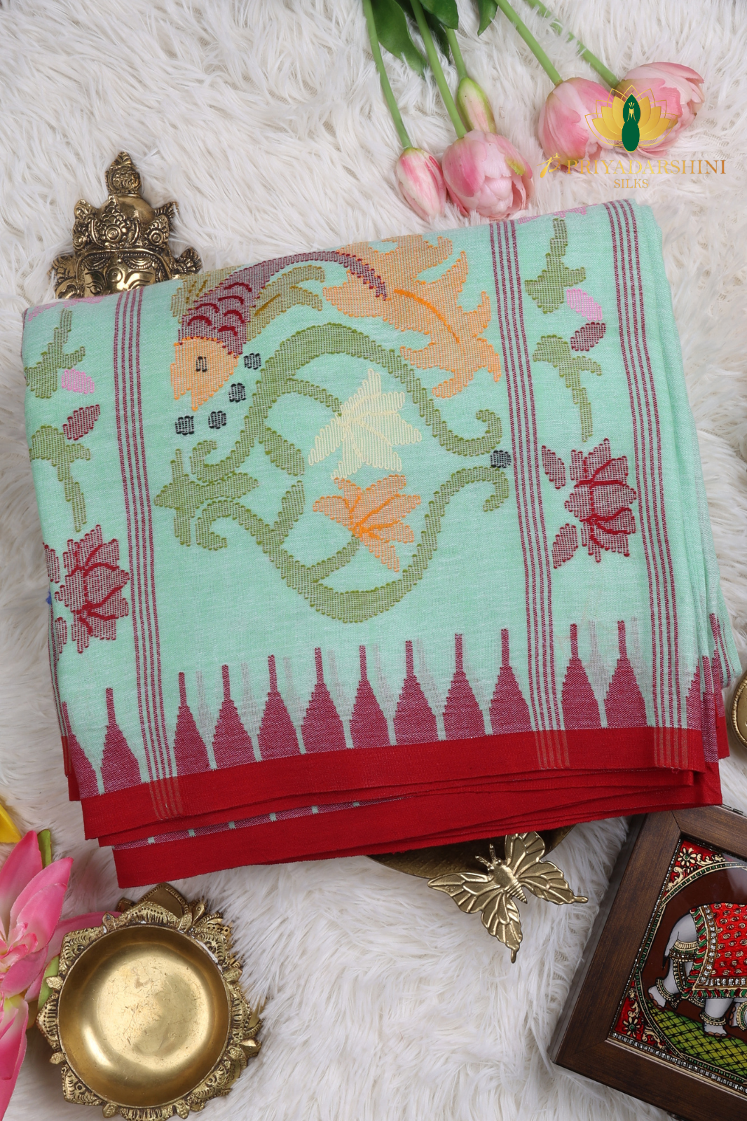 Mint Green & Deep Red Fish Motif Jamdani Cotton Saree