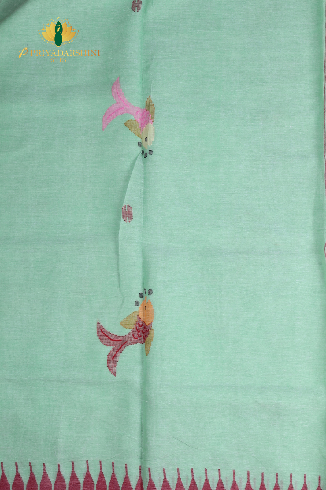 Mint Green & Deep Red Fish Motif Jamdani Cotton Saree