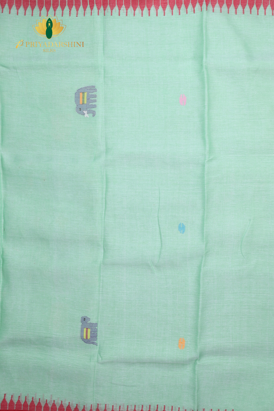 Mint Green & Red Elephant Motif Jamdhani Cotton Saree
