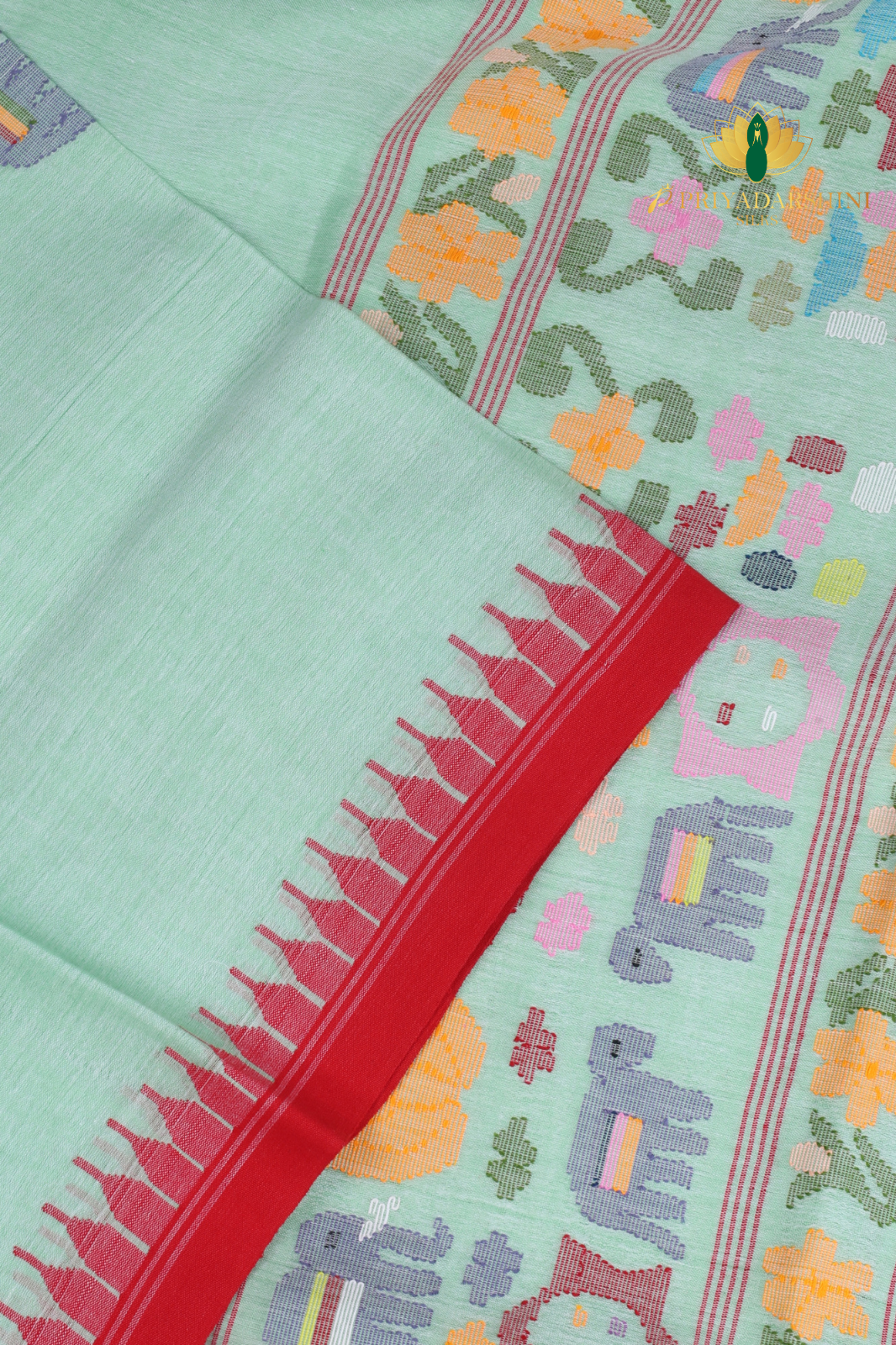 Mint Green & Red Elephant Motif Jamdhani Cotton Saree