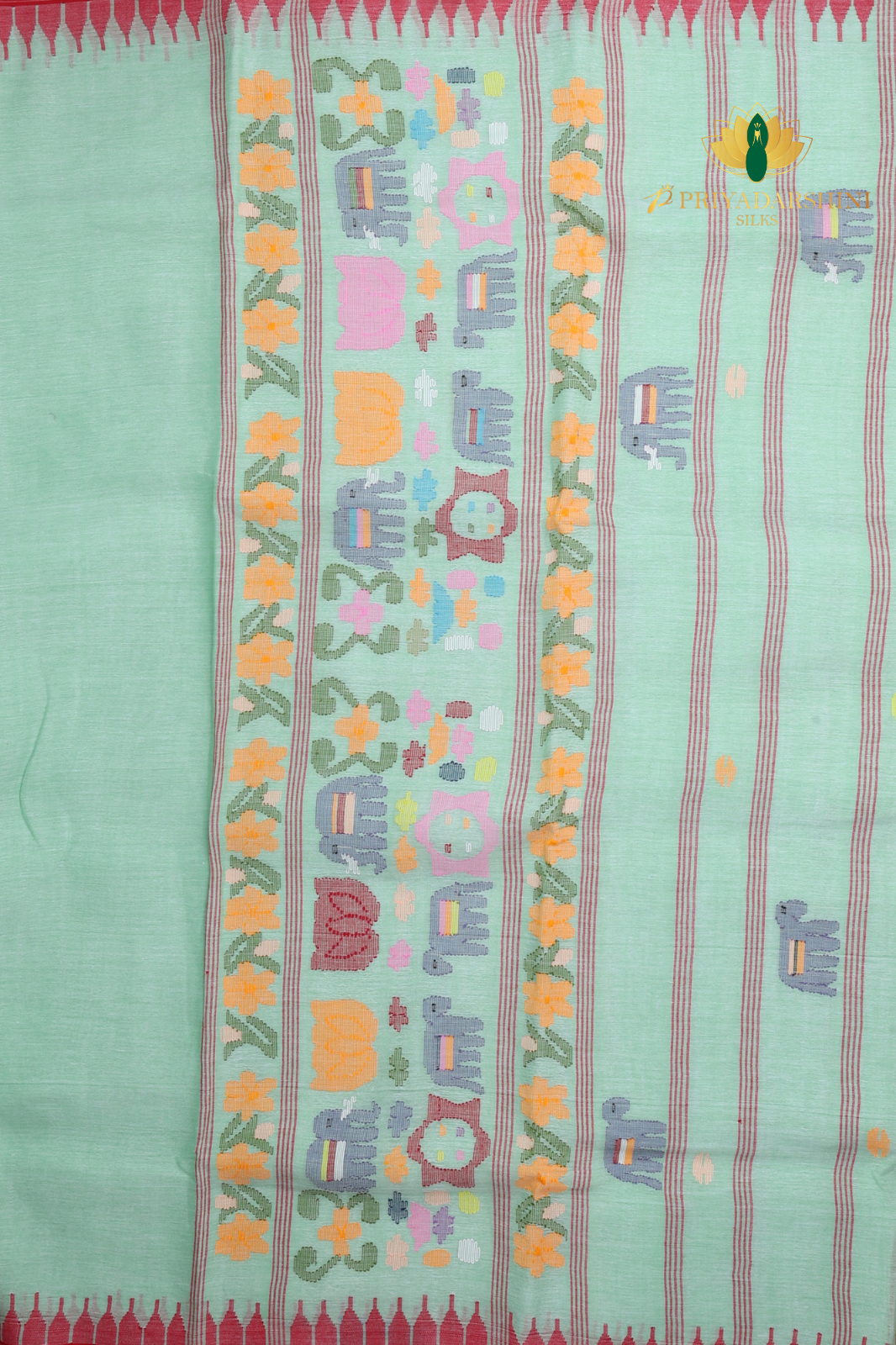Mint Green & Red Elephant Motif Jamdhani Cotton Saree