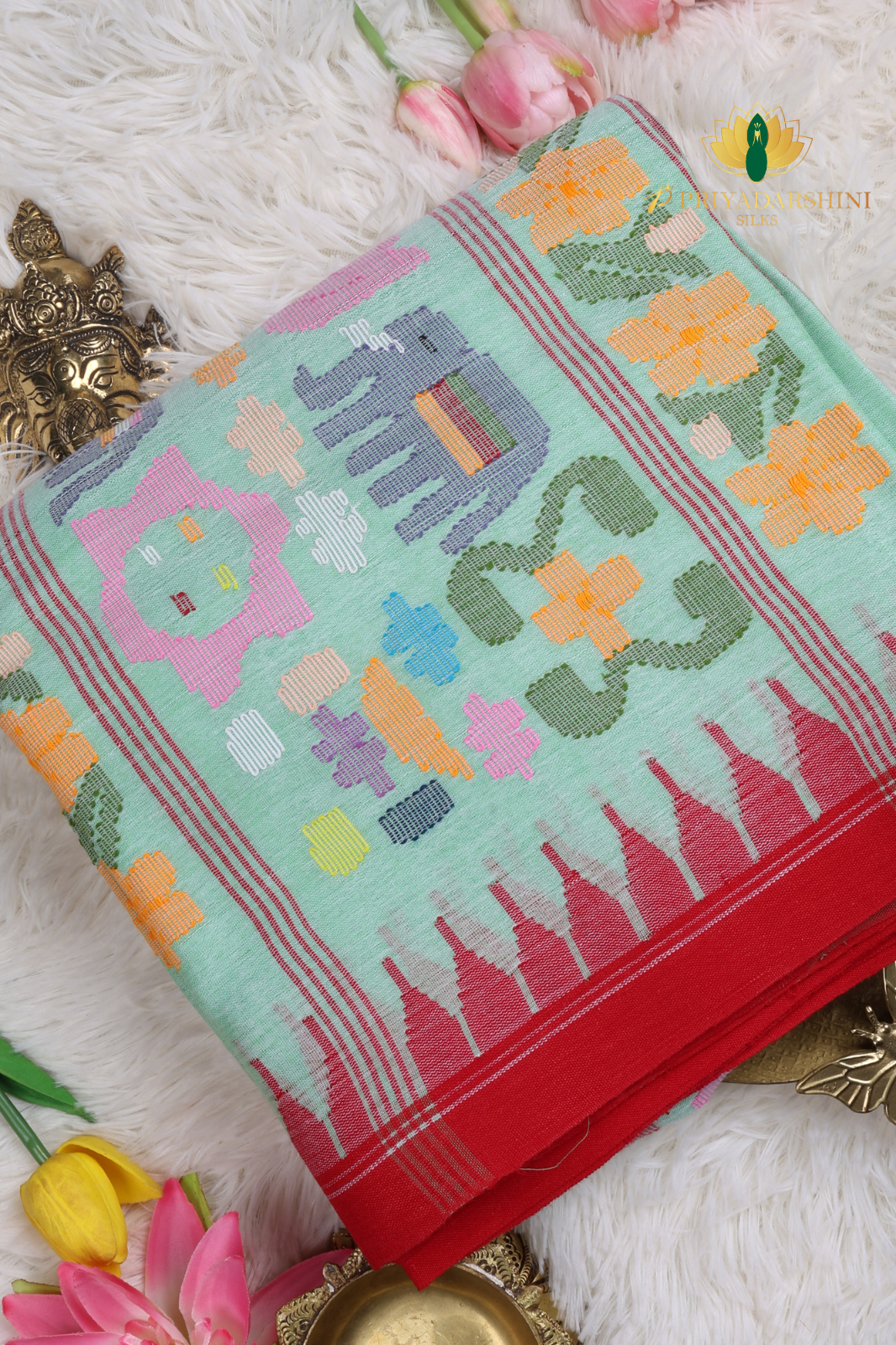 Mint Green & Red Elephant Motif Jamdhani Cotton Saree