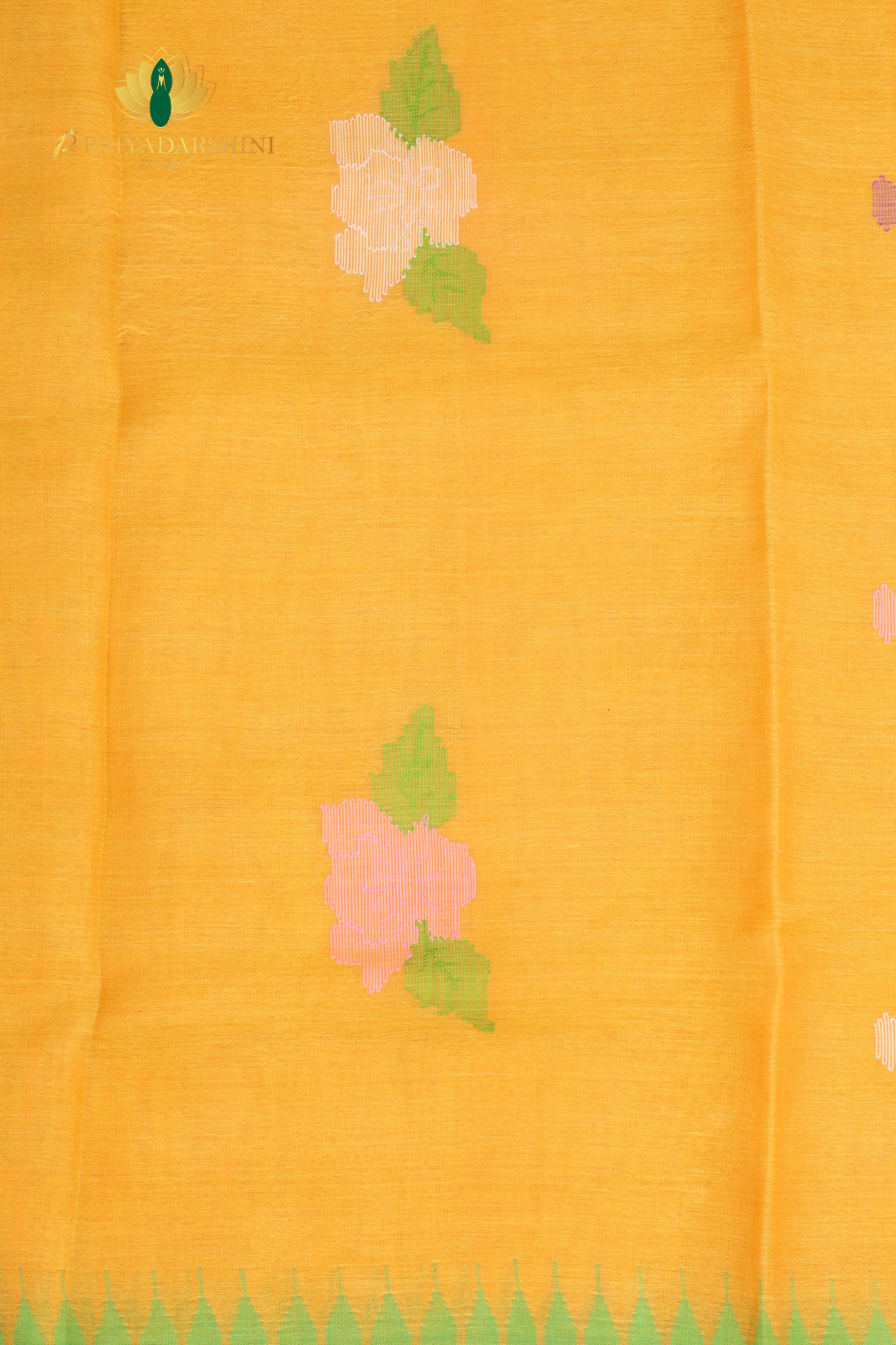 Mustard & Parrot Green Lotus Motif Jamdani Cotton Saree