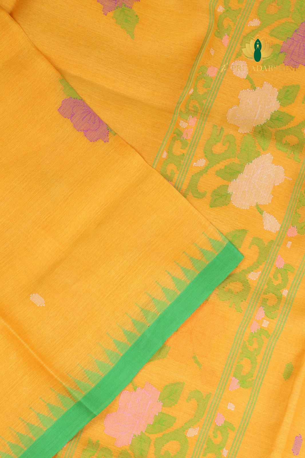 Mustard & Parrot Green Lotus Motif Jamdani Cotton Saree