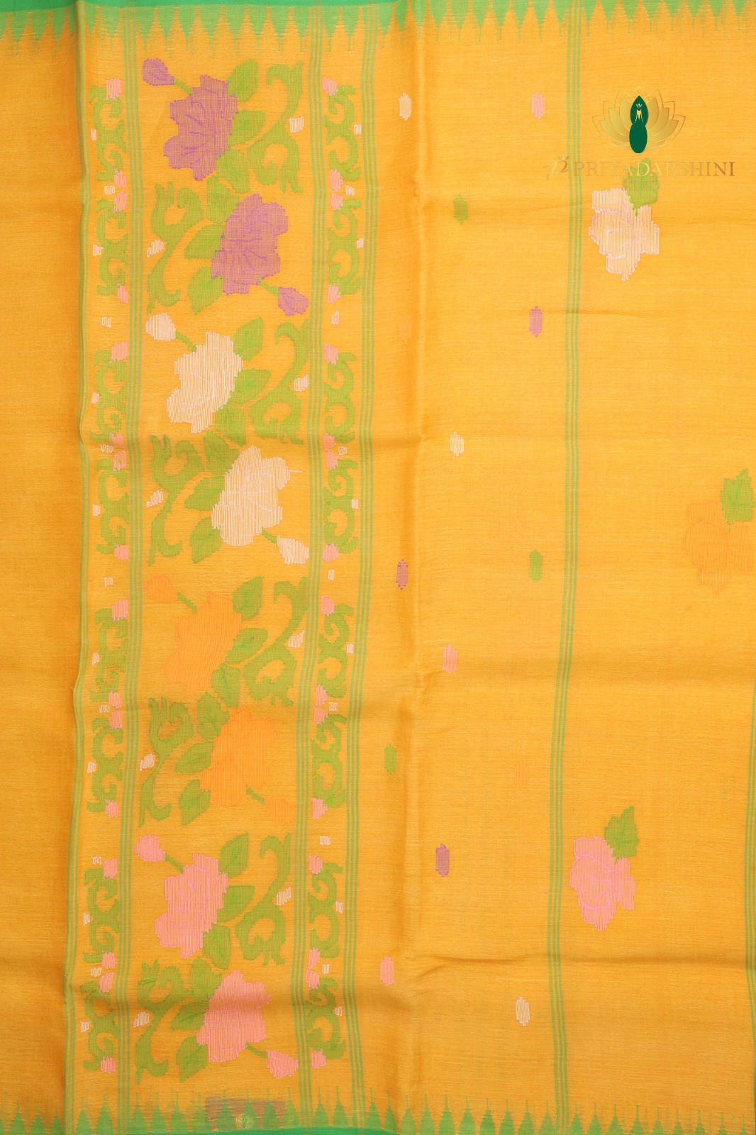 Mustard & Parrot Green Lotus Motif Jamdani Cotton Saree