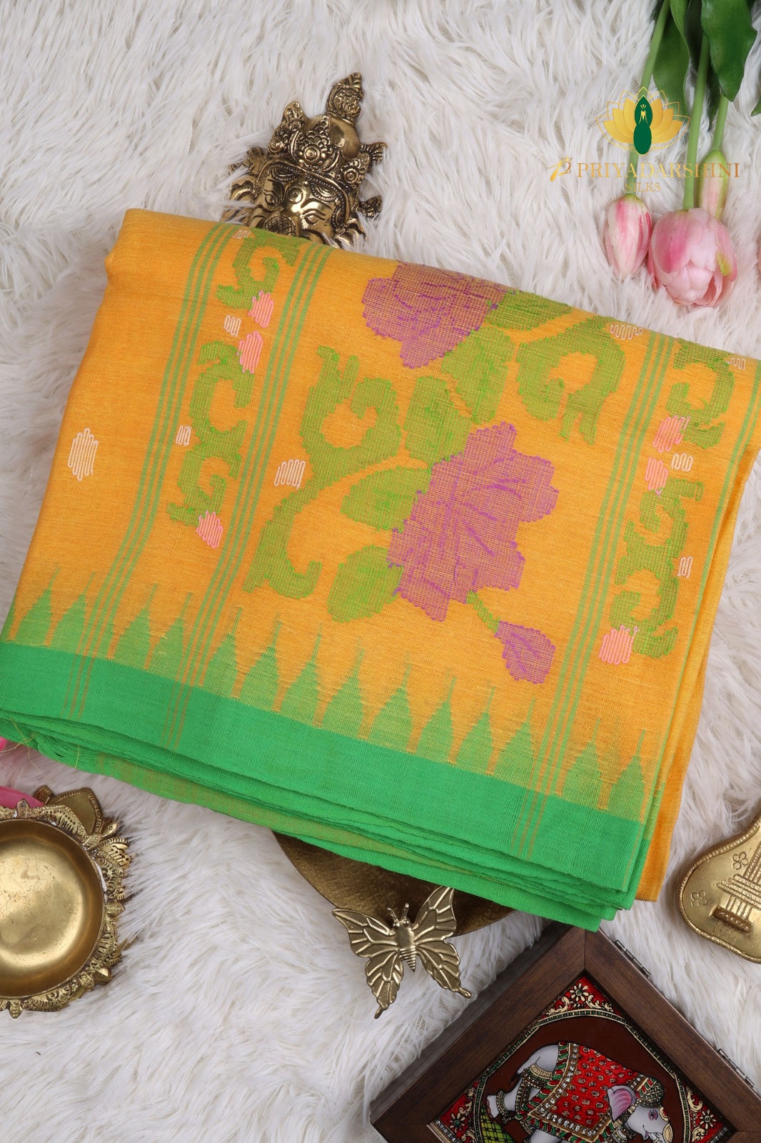 Mustard & Parrot Green Lotus Motif Jamdani Cotton Saree