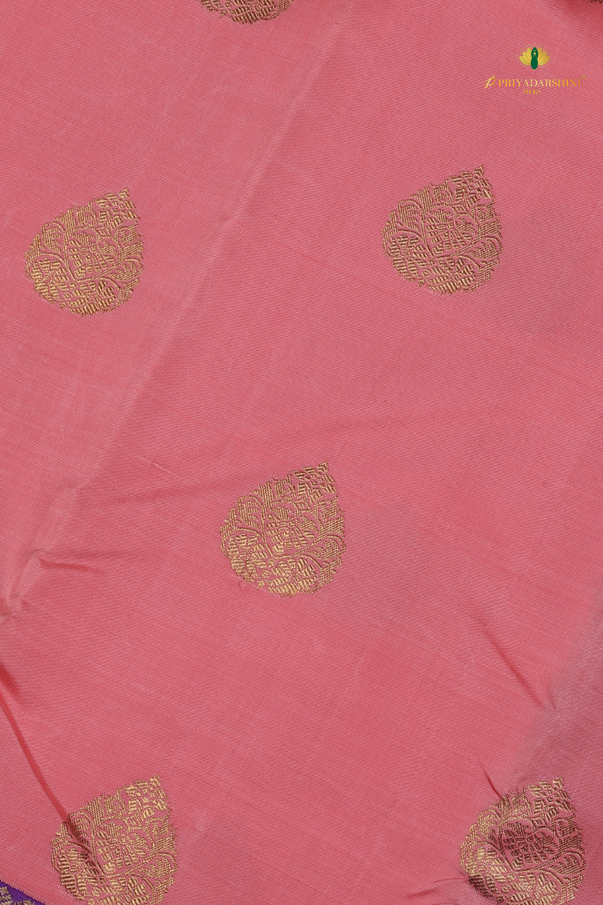 Pastel Coral Pink and purple with Paisley Leaf Motif - Kanjivaram Silks