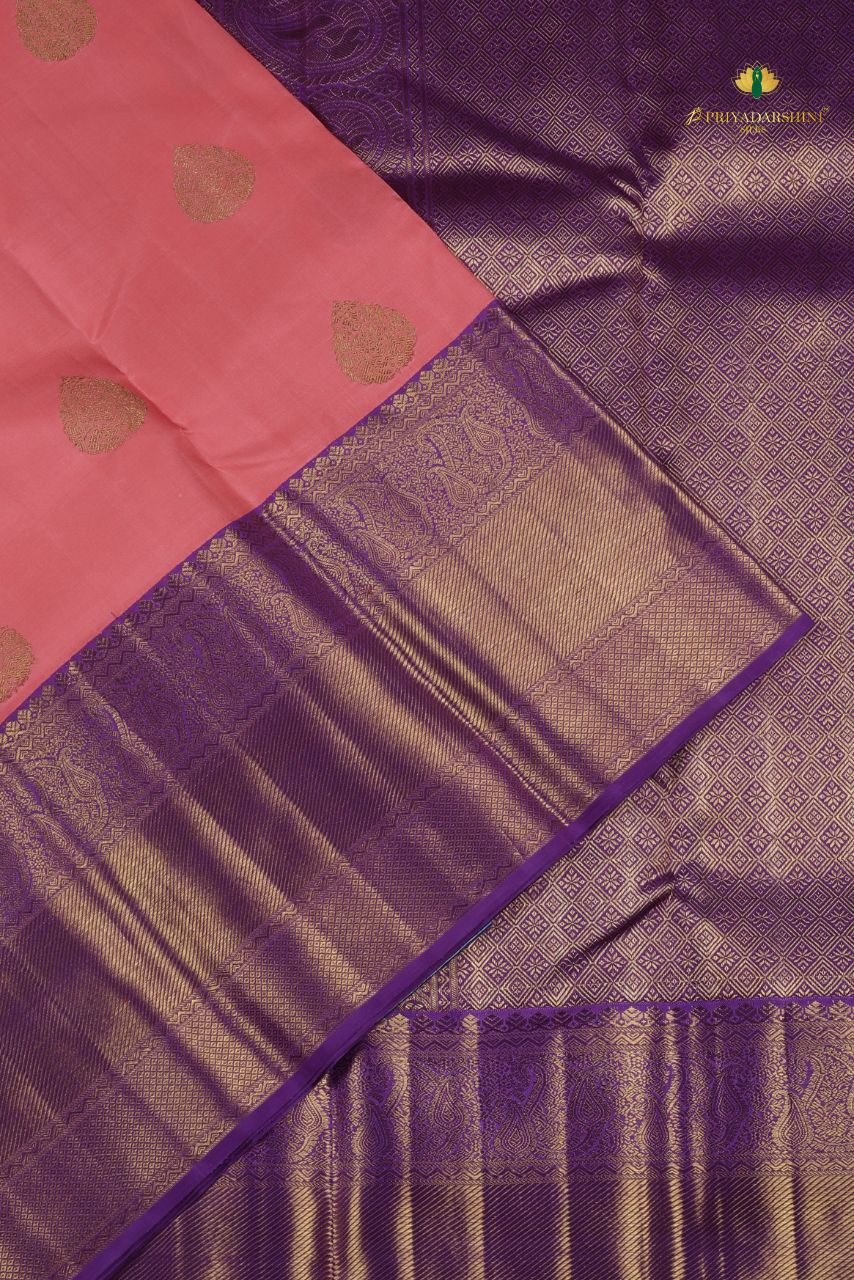Pastel Coral Pink and purple with Paisley Leaf Motif - Kanjivaram Silks