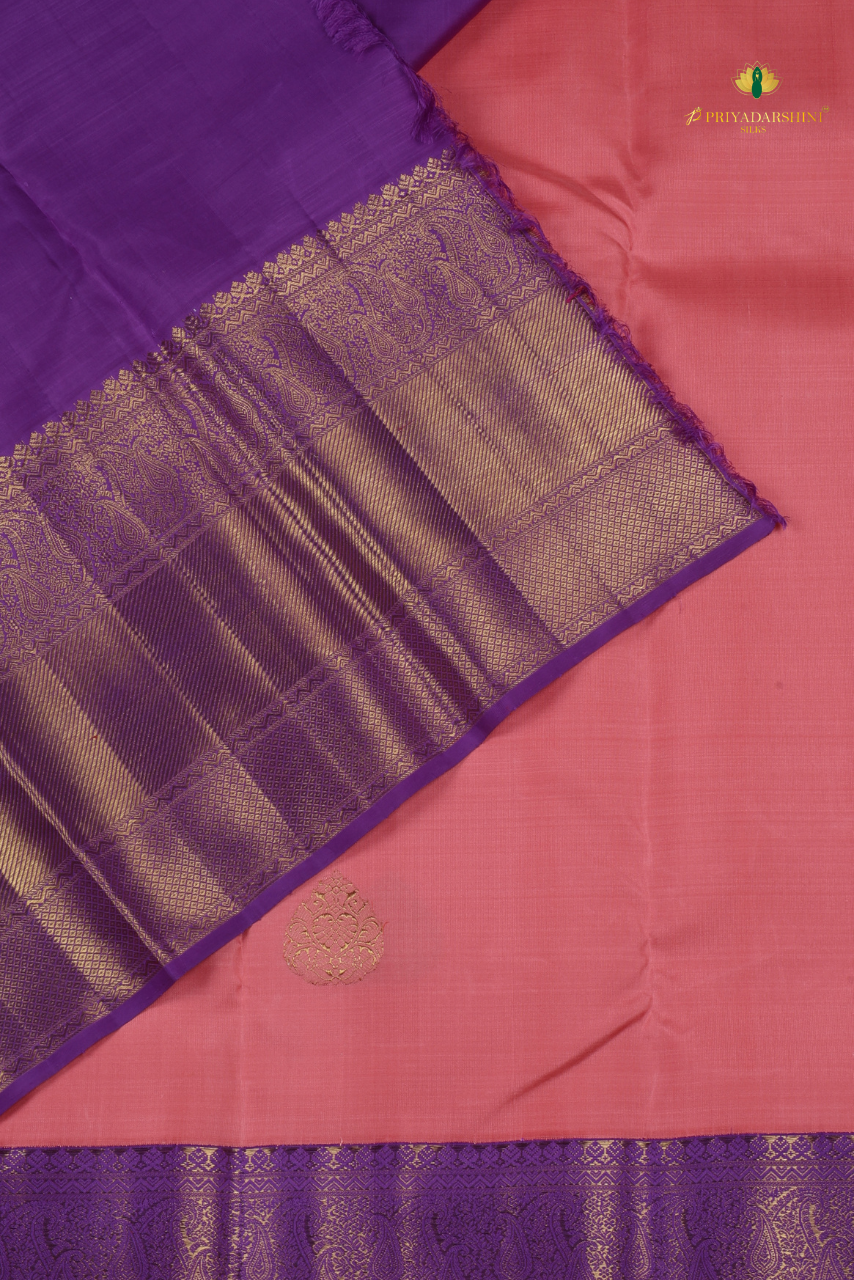 Pastel Coral Pink and purple with Paisley Leaf Motif - Kanjivaram Silks