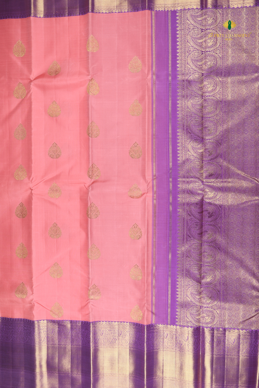 Pastel Coral Pink and purple with Paisley Leaf Motif - Kanjivaram Silks