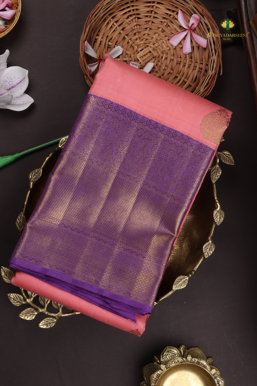 Pastel Coral Pink and purple with Paisley Leaf Motif - Kanjivaram Silks