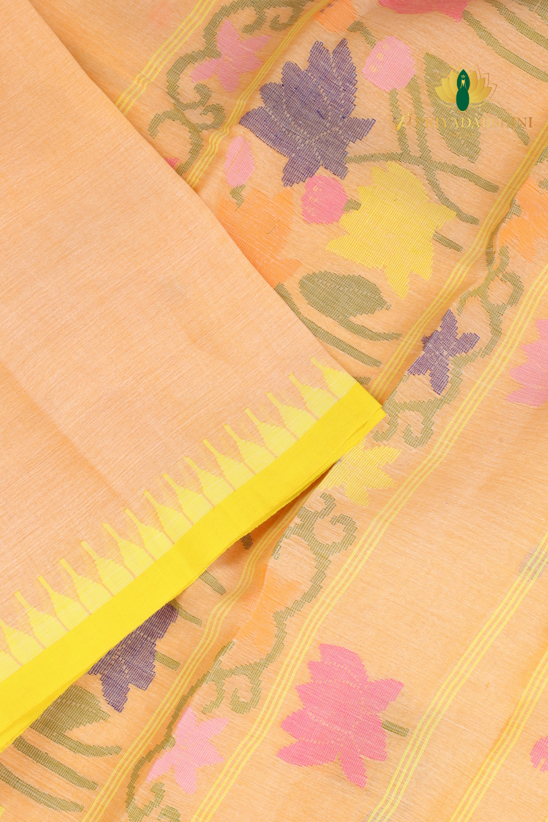 Pastel Peach and Lemon Yellow Lotus Motif - Jamdani Cotton