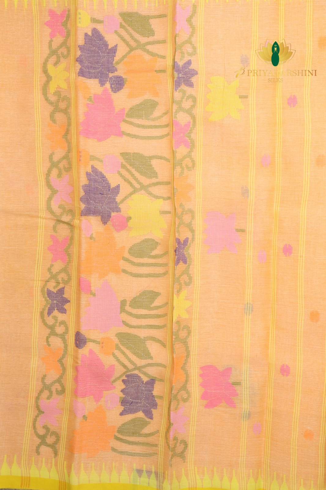 Pastel Peach and Lemon Yellow Lotus Motif - Jamdani Cotton
