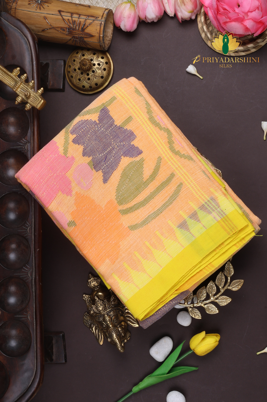 Pastel Peach and Lemon Yellow Lotus Motif - Jamdani Cotton