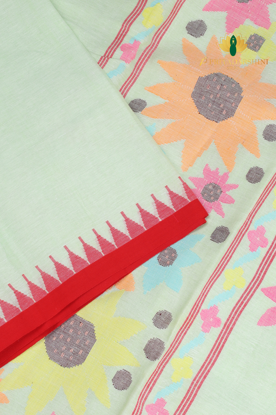 Pastel Pistachio Green And Red Floral Motif - Jamdani Cotton