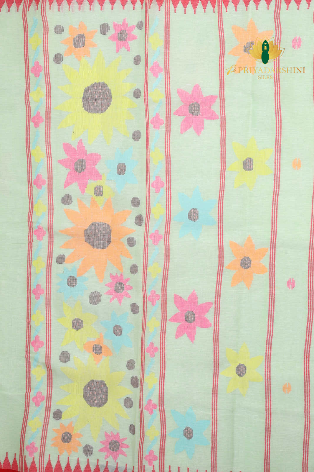 Pastel Pistachio Green And Red Floral Motif - Jamdani Cotton