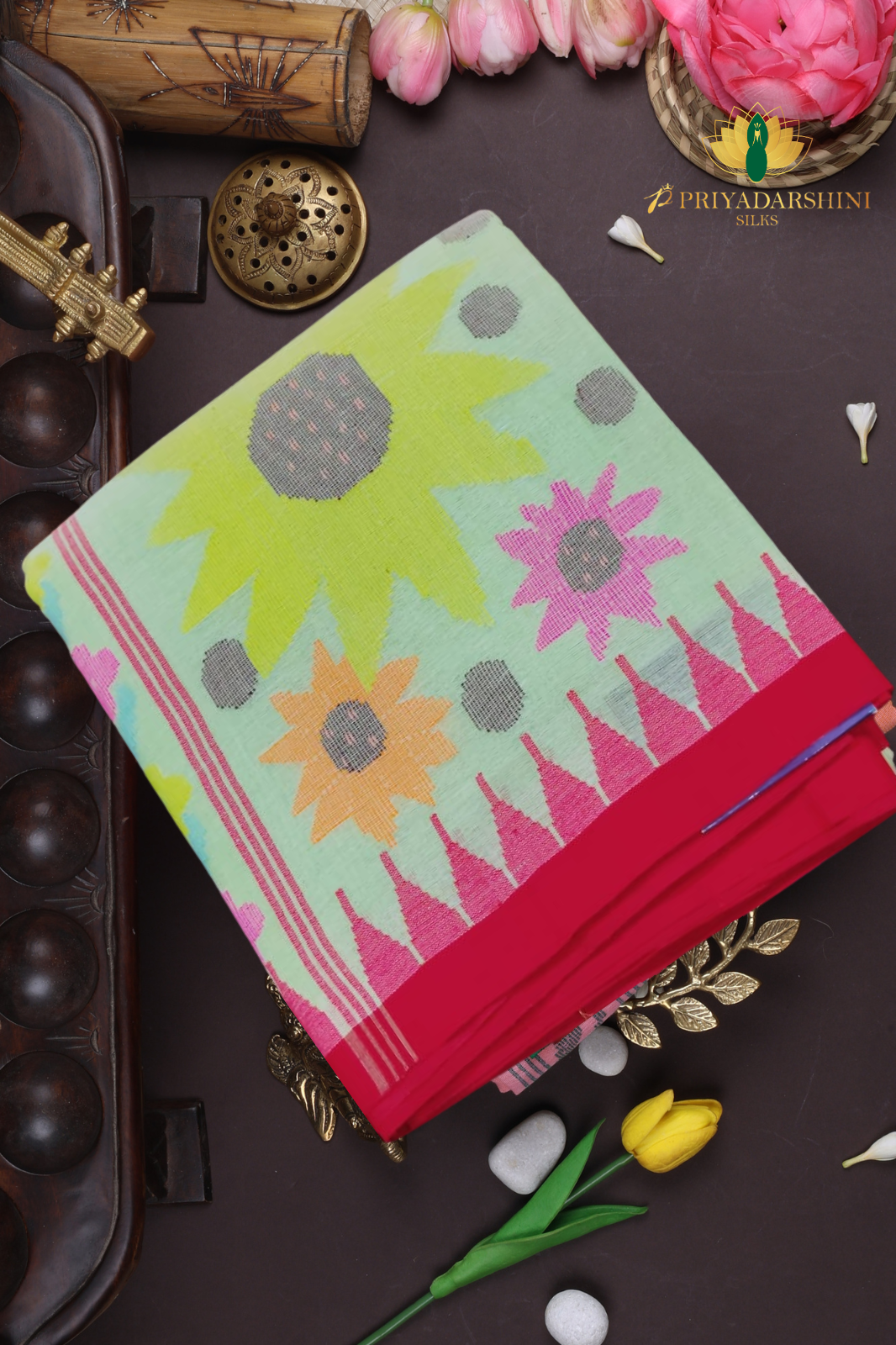Pastel Pistachio Green And Red Floral Motif - Jamdani Cotton