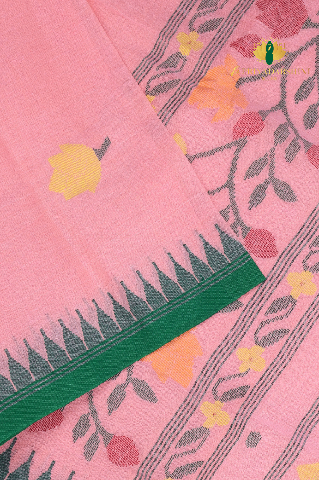 Pastel Rose and Emerald Green Floral Motif - Jamdani Cotton