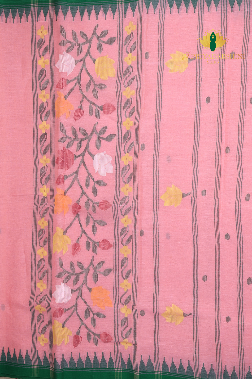 Pastel Rose and Emerald Green Floral Motif - Jamdani Cotton