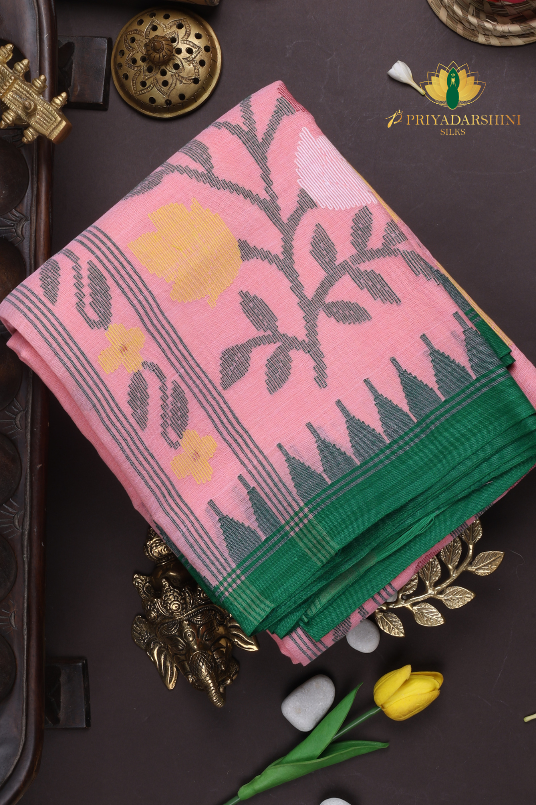Pastel Rose and Emerald Green Floral Motif - Jamdani Cotton