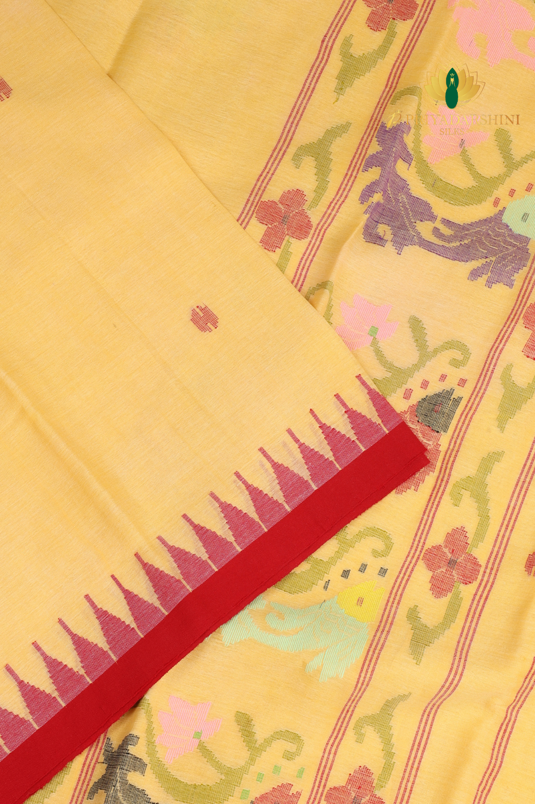 Pastel Yellow & Red Fish Motif Jamdhani Cotton Saree