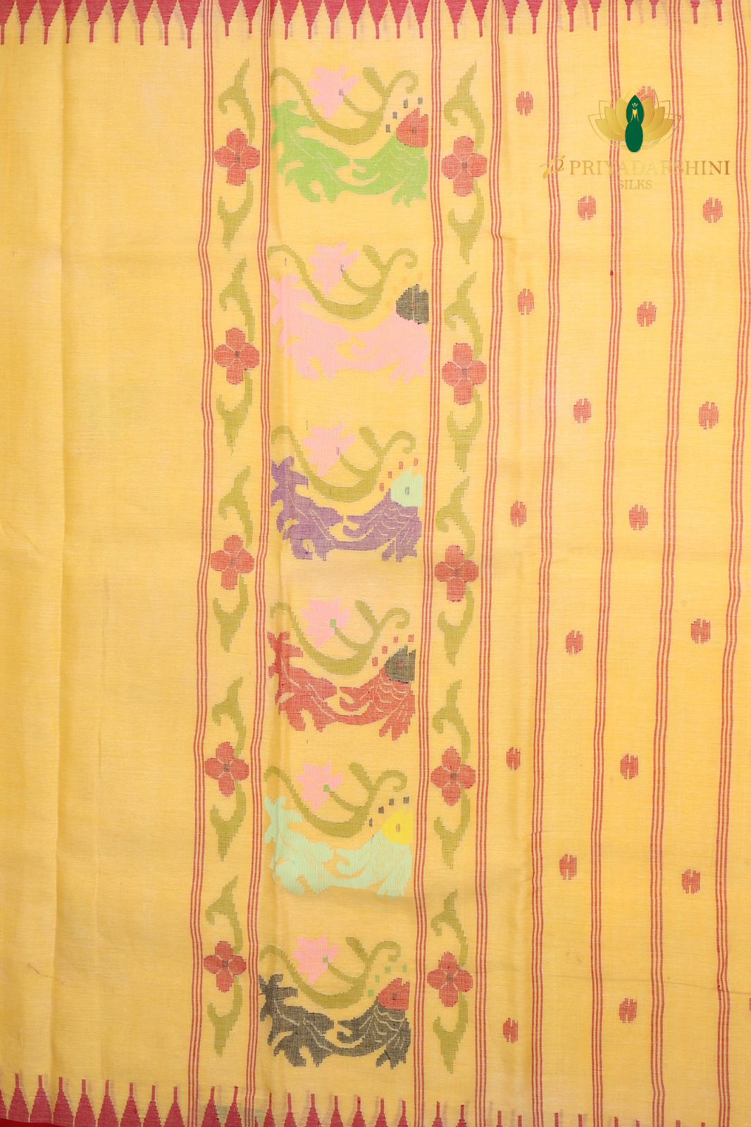 Pastel Yellow & Red Fish Motif Jamdhani Cotton Saree