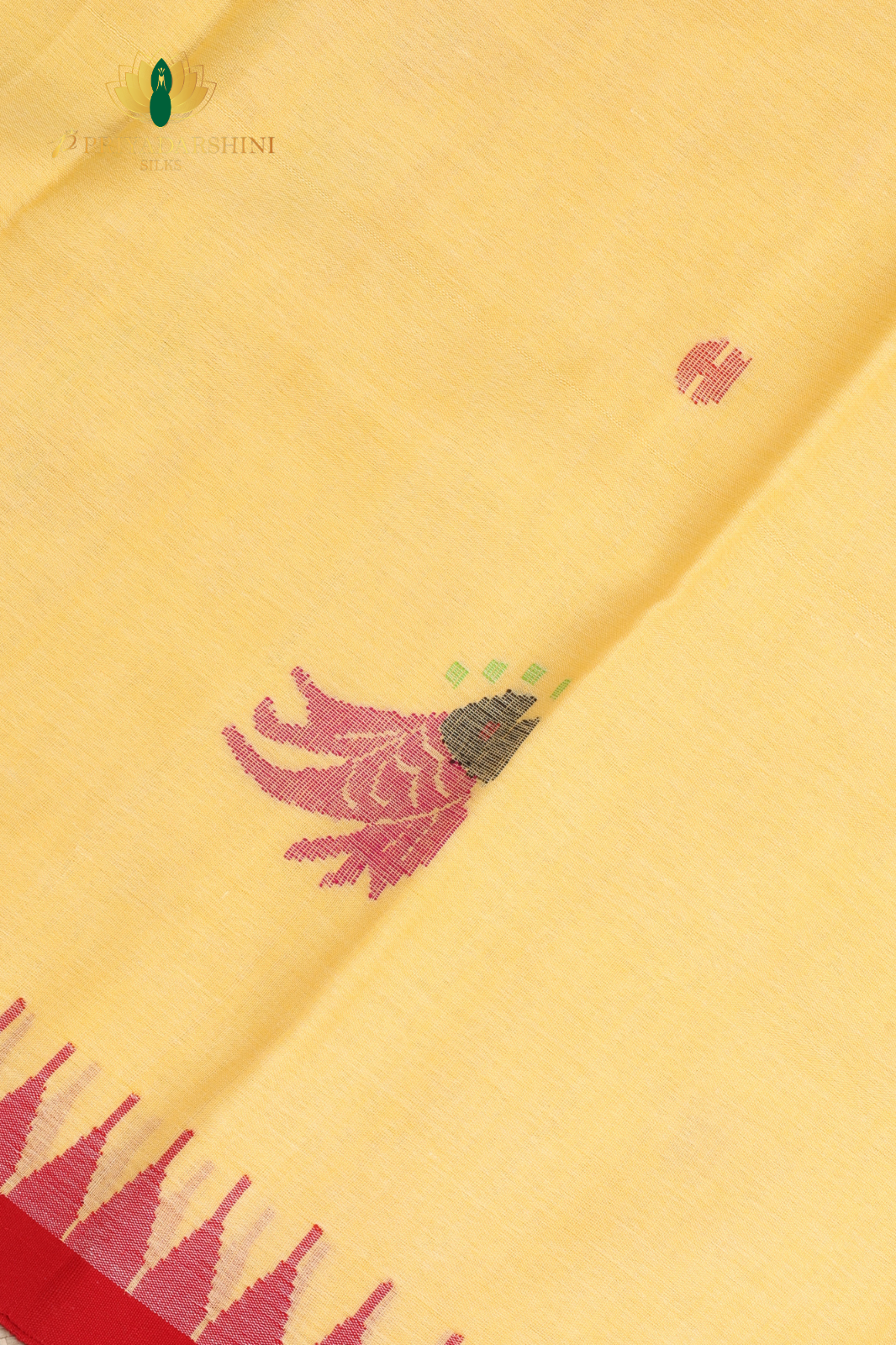 Pastel Yellow & Red Fish Motif Jamdhani Cotton Saree