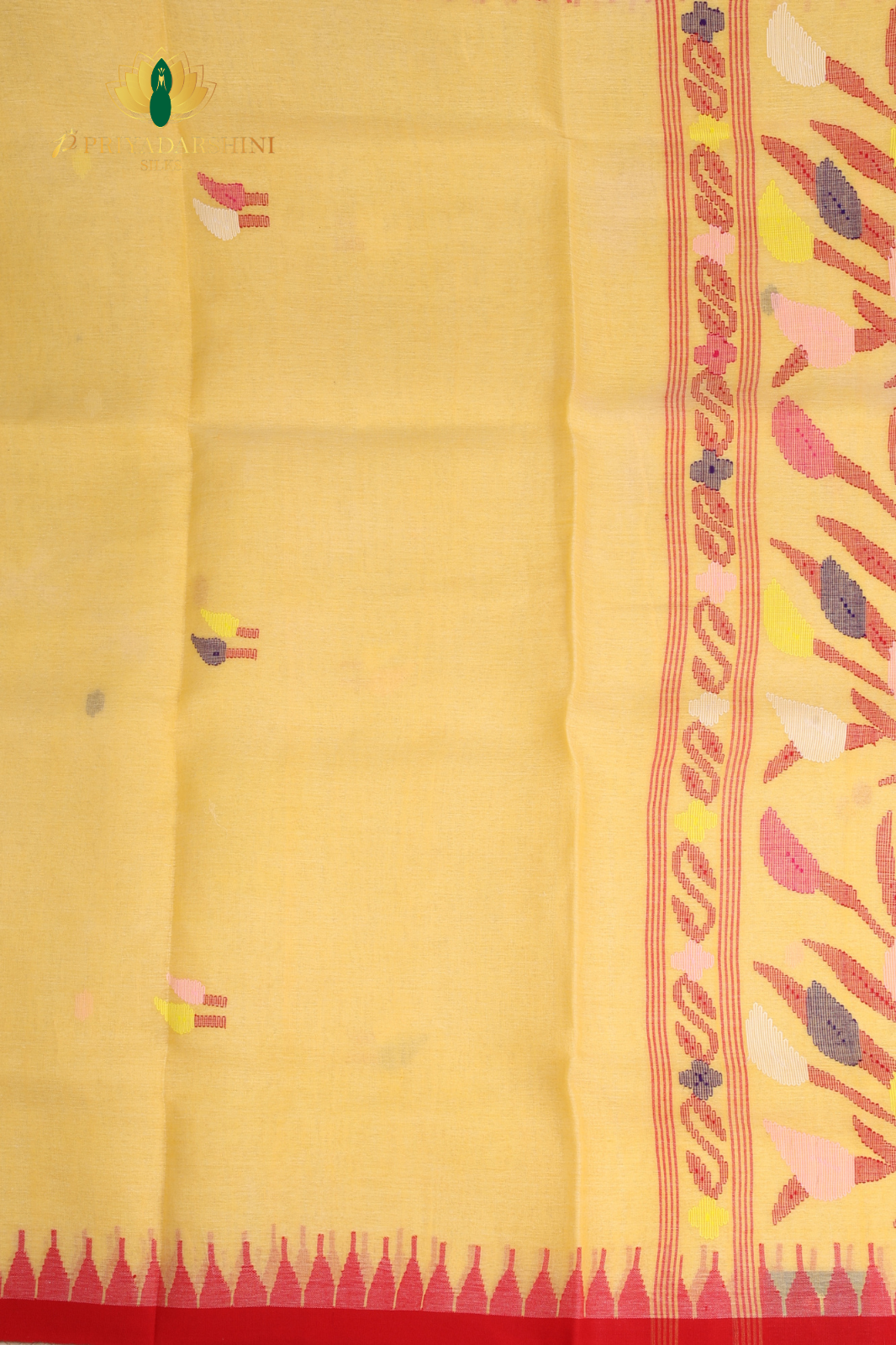 Soft Pastel Yellow and Deep Red Floral Bud Motif - Jamdani Cotton