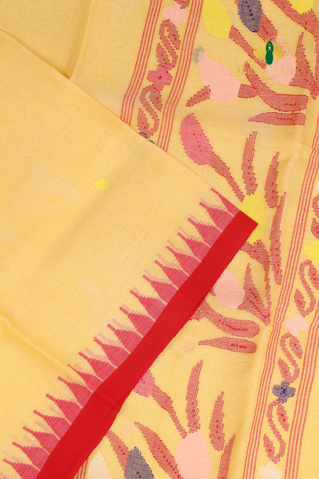 Soft Pastel Yellow and Deep Red Floral Bud Motif - Jamdani Cotton