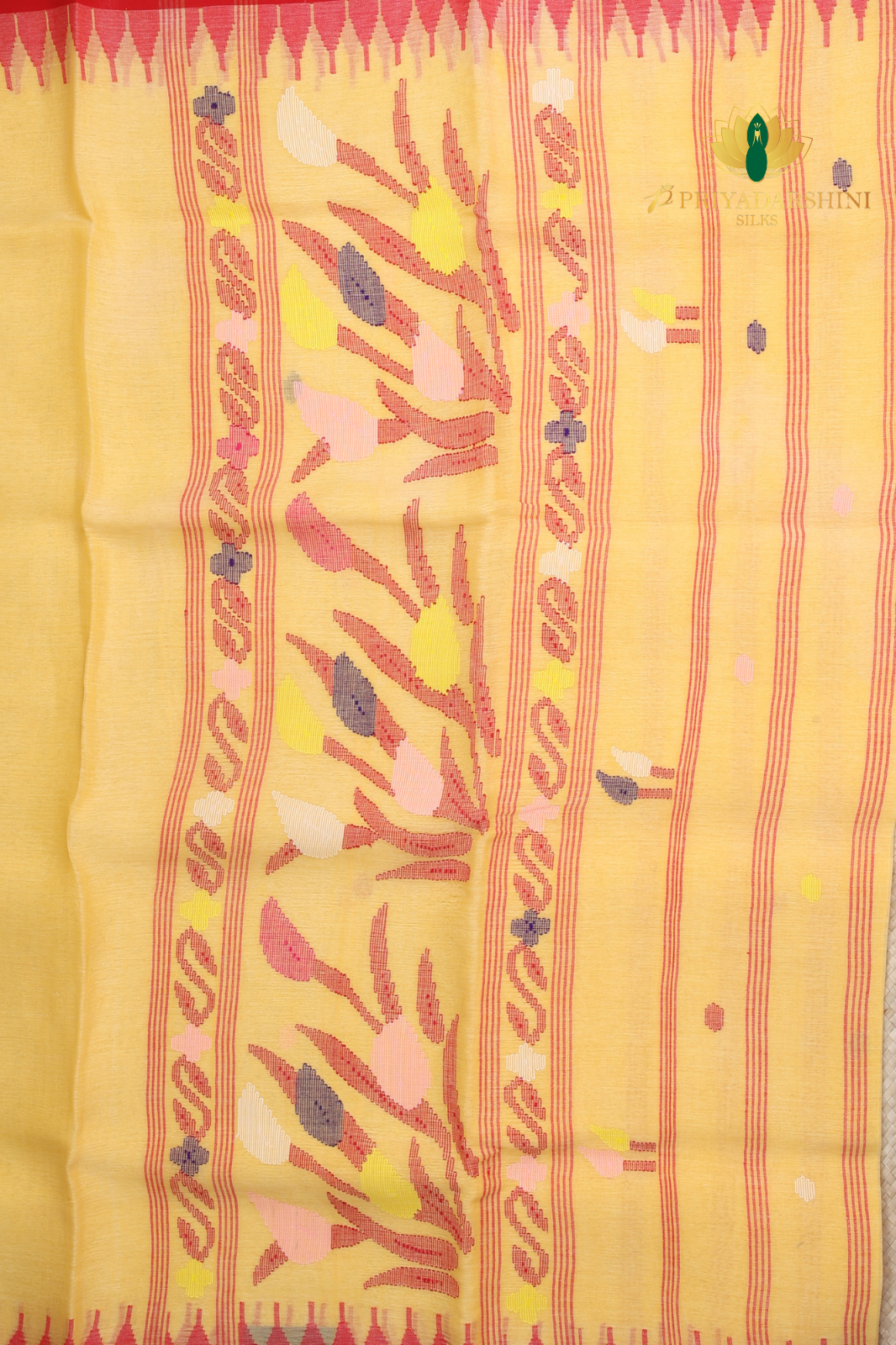 Soft Pastel Yellow and Deep Red Floral Bud Motif - Jamdani Cotton