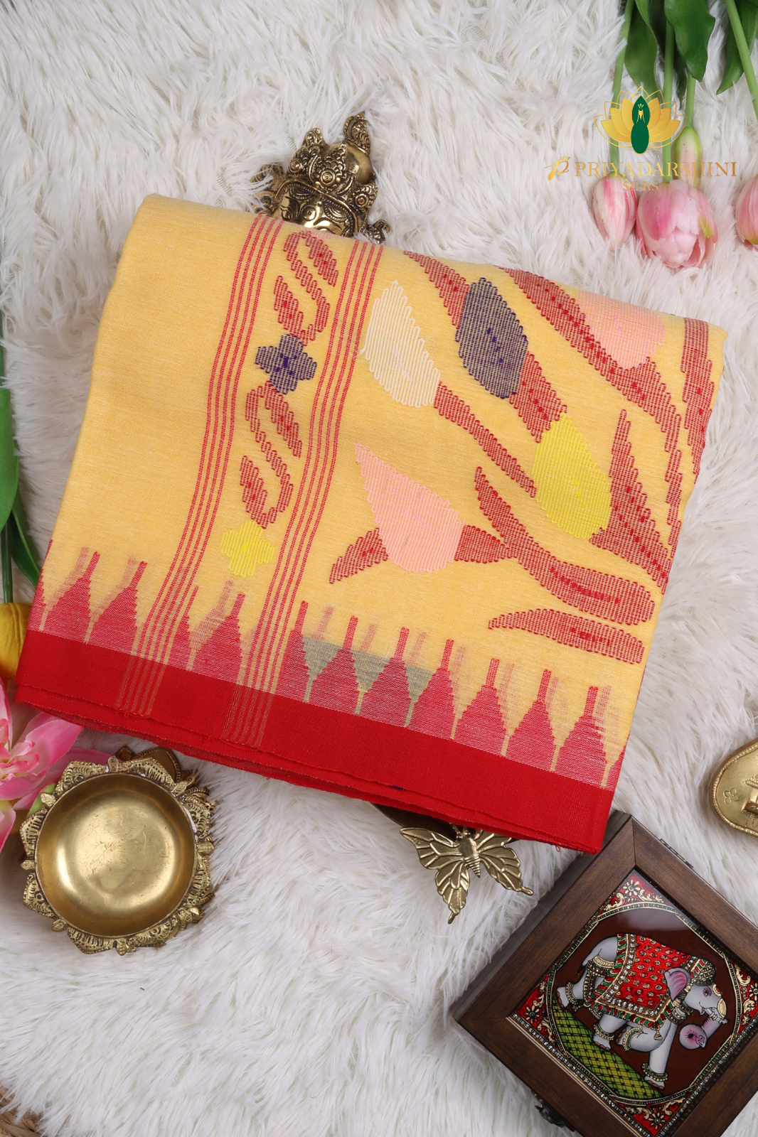 Soft Pastel Yellow and Deep Red Floral Bud Motif - Jamdani Cotton